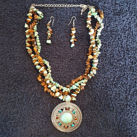 ✨ Bold Vintage Natural Tiger Eye & Turquoise Nugget Jewellery Set ✨ - Picture 1 of 17